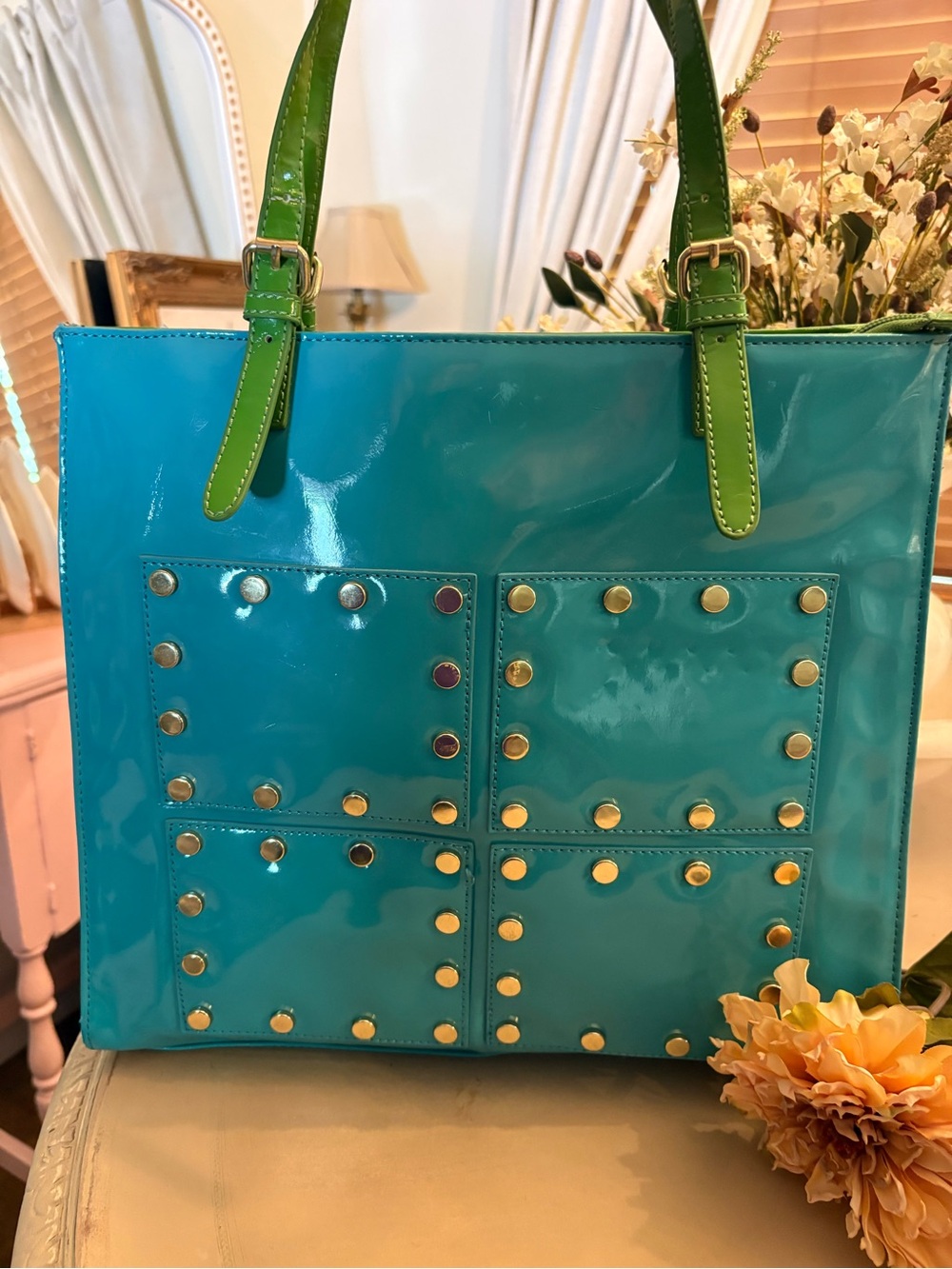Chocolate Blue Patent Tote with Green Handles and Gold Studs